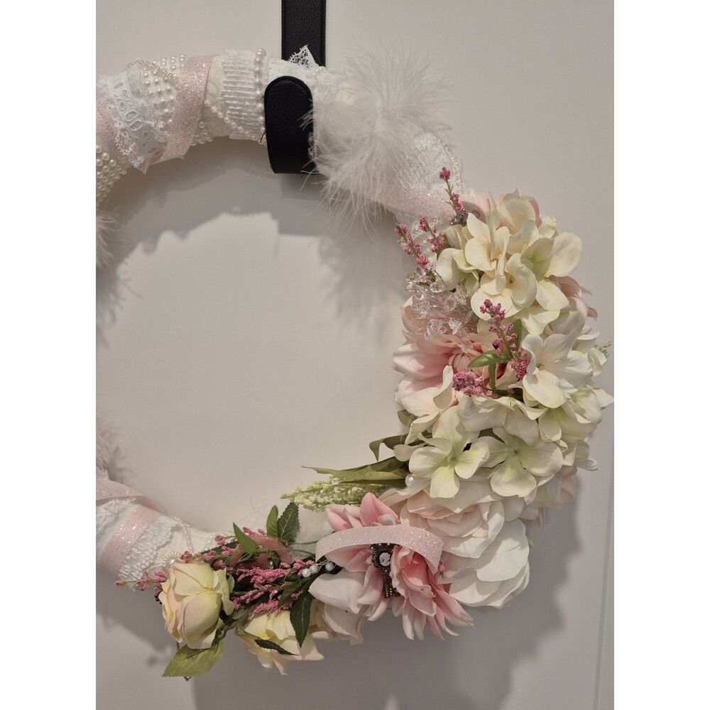 Handmade Shabby Chic Pink Floral Wreath - Cottage Romantic Home Decor - 16 inch